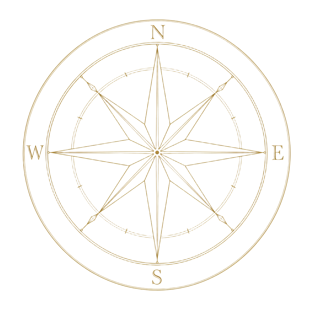 Antique gold compass rose marked North, East, South and West, representing the four pillars of the Regulation Compass framework